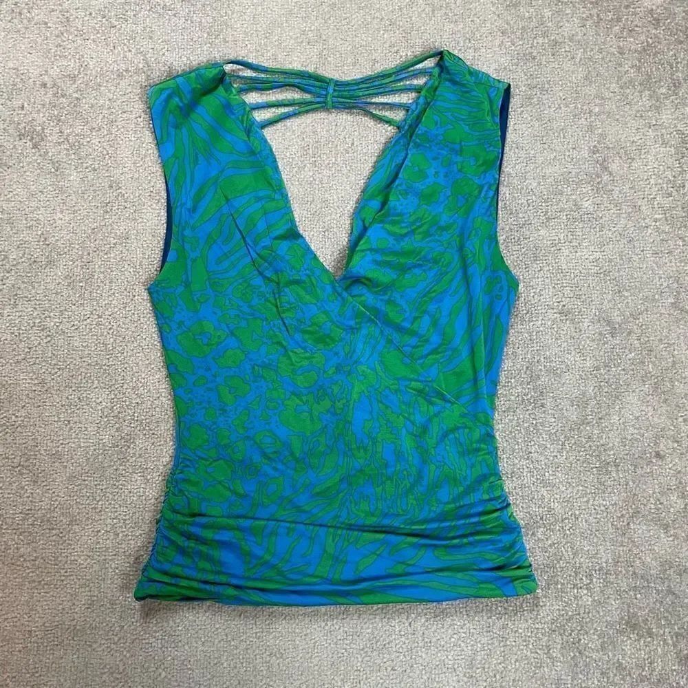 Hale Bob Women’s Small Green Blue Floral Swimwear Top Bathing Suit NWOT